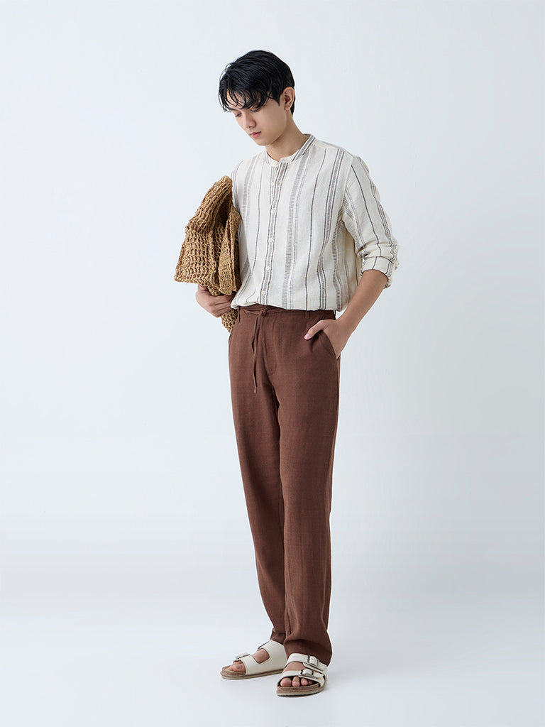 Westside ETA Men's Brown Solid Relaxed-Fit Mid-Rise Cotton Chinos for Casual Wear Full View
