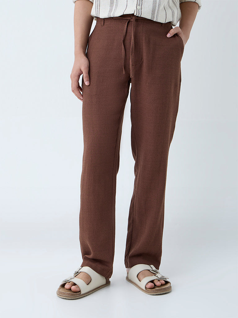 Westside ETA Men's Brown Solid Relaxed-Fit Mid-Rise Cotton Chinos for Casual Wear Front View