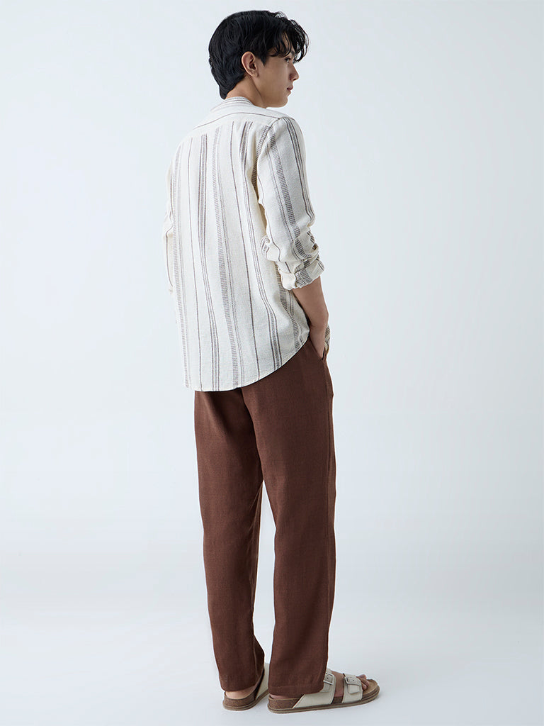 Westside ETA Men's Brown Solid Relaxed-Fit Mid-Rise Cotton Chinos for Casual Wear Back View