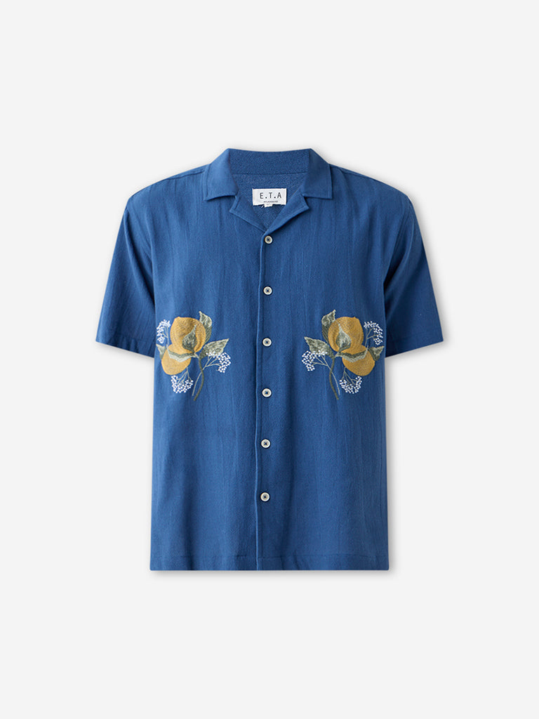 Westside ETA Men's Indigo Floral Embroidered Relaxed-Fit Shirt for Casual Wear Flatly