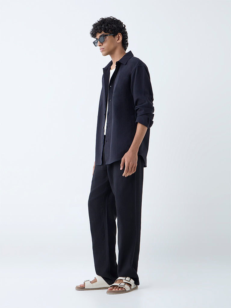 ETA Black Solid Relaxed-Fit Cotton Shirt