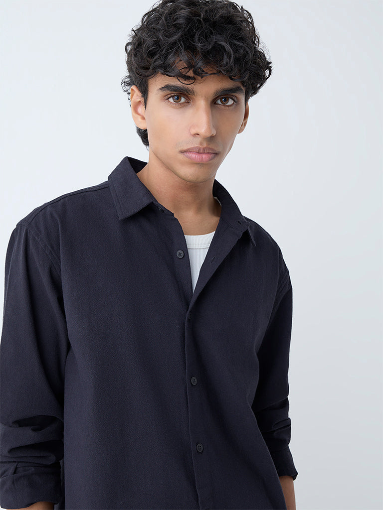 ETA Black Solid Relaxed-Fit Cotton Shirt