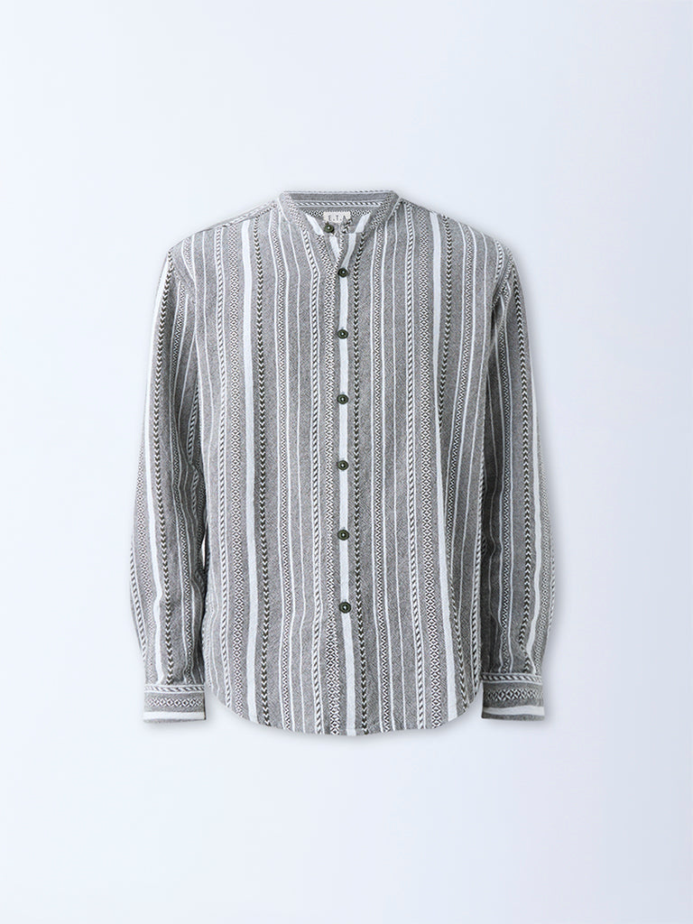 Westside ETA Men's Olive Stripe Relaxed-Fit Cotton Shirt for Casual Wear Flatly