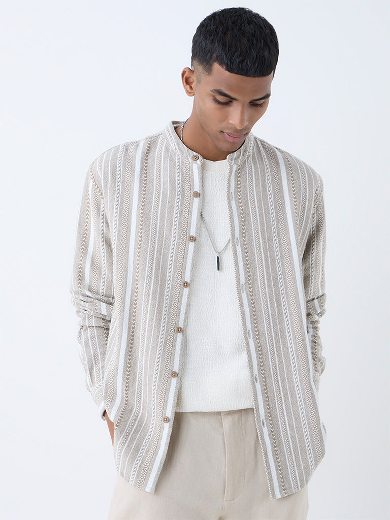 ETA Taupe Stripe Pattern Relaxed-Fit Cotton Shirt
