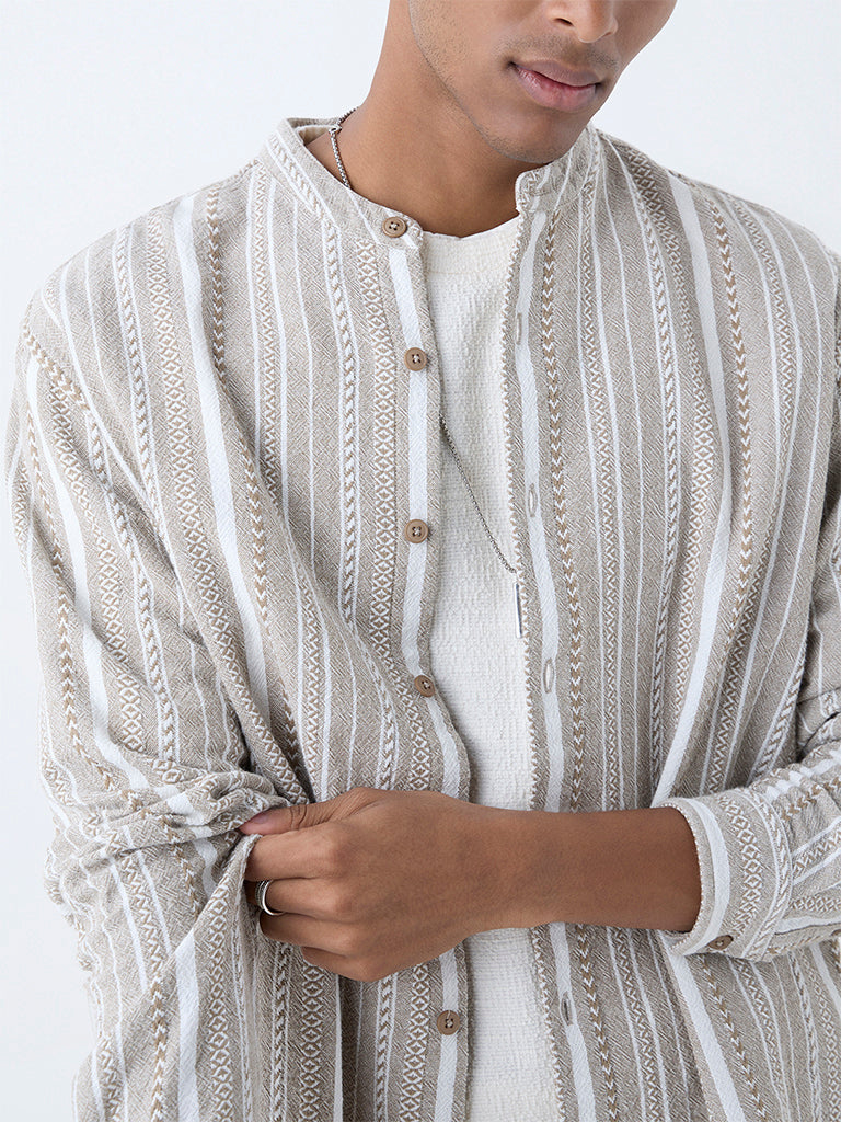 ETA Taupe Stripe Pattern Relaxed-Fit Cotton Shirt