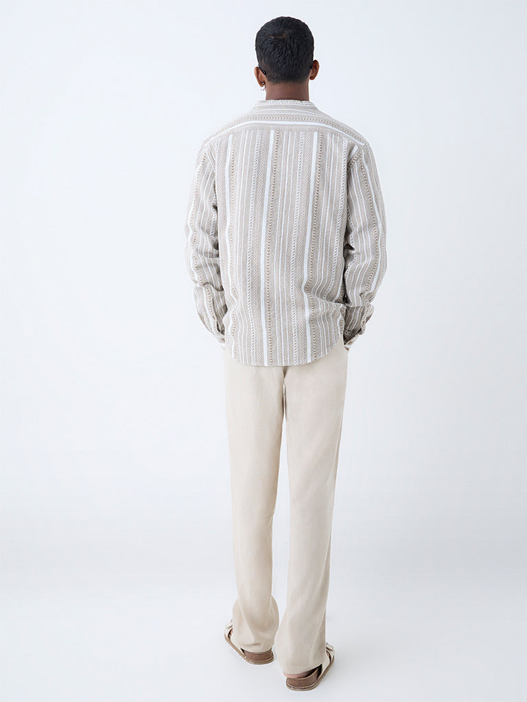 ETA Taupe Stripe Pattern Relaxed-Fit Cotton Shirt