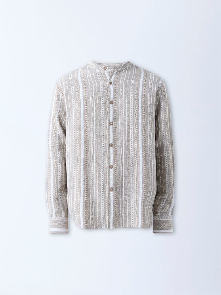 ETA Taupe Stripe Pattern Relaxed-Fit Cotton Shirt