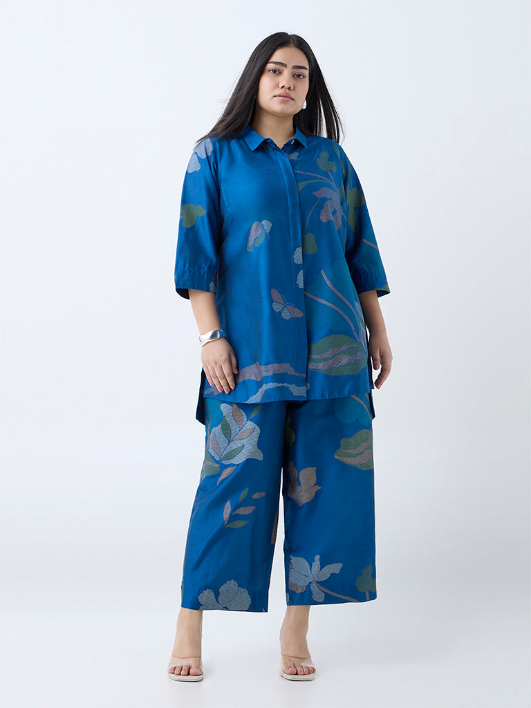 Westside Diza Women's Blue Botanical Printed High-Low Tunic for Work Wear Full View