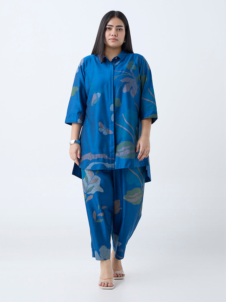 Westside Diza Women's Blue Botanical Printed High-Low Tunic for Work Wear Front view