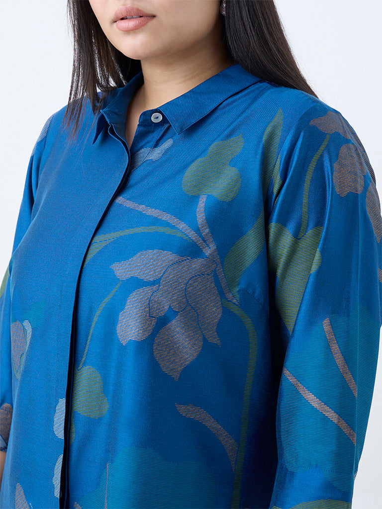 Westside Diza Women's Blue Botanical Printed High-Low Tunic for Work Wear Zoomed View