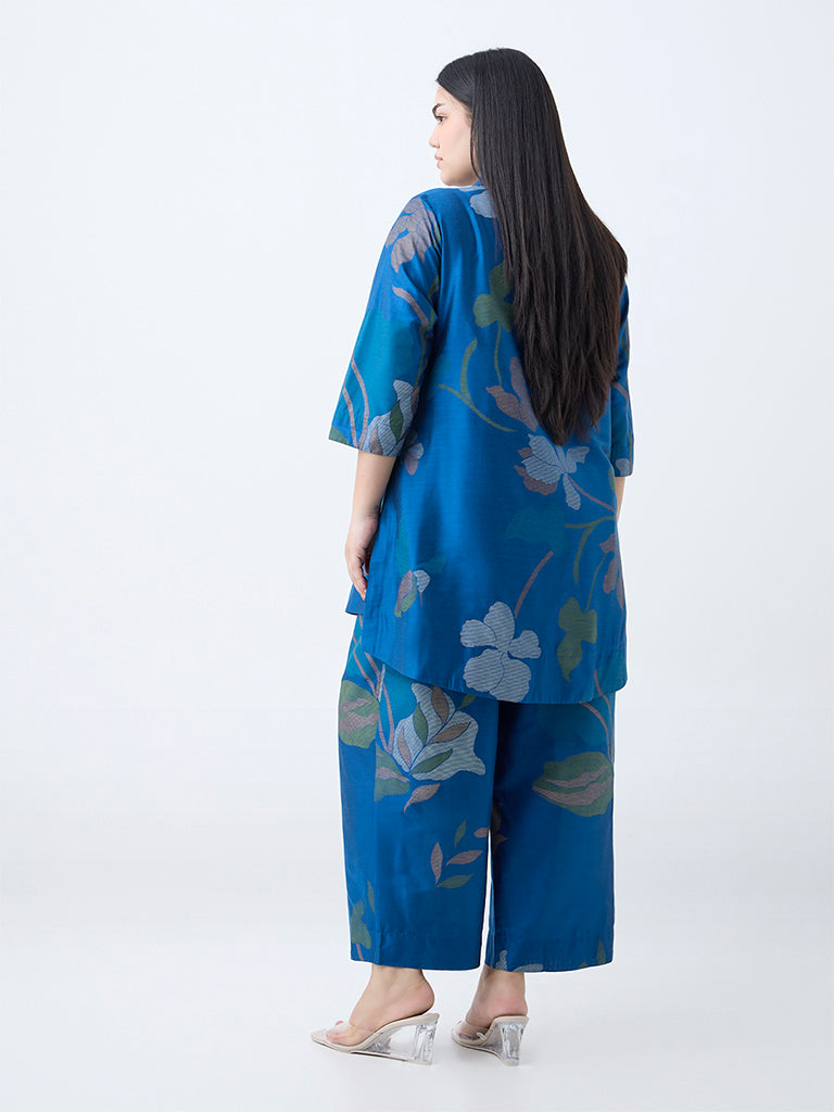 Westside Diza Women's Blue Botanical Printed High-Low Tunic for Work Wear Back View