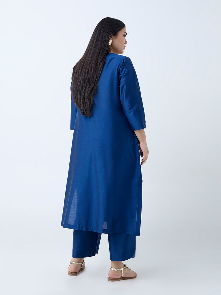 Westside Diza Women's Blue Floral Embroidered A-Line Kurta for Work Wear Back View