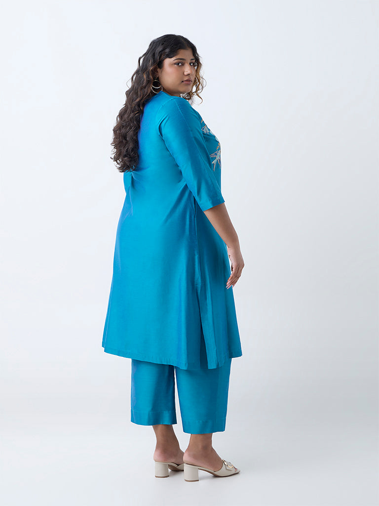 Diza Teal Floral Embroidered A-Line Kurta