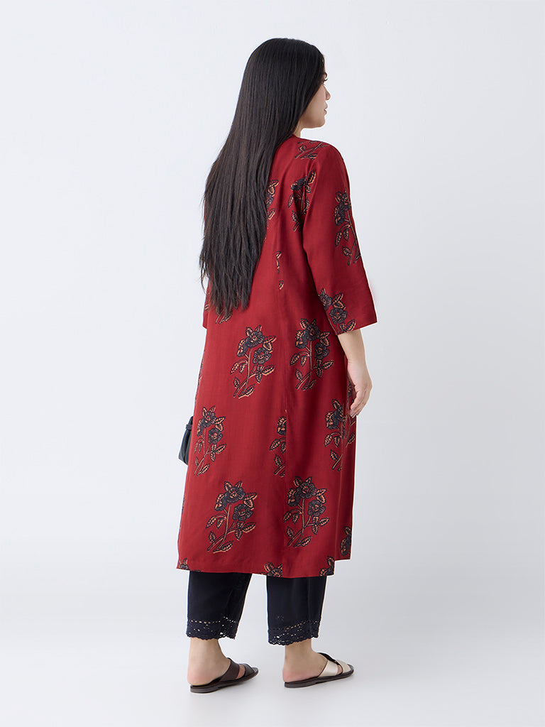 Westside Diza Women's Maroon Botanical Pattern A-Line Kurta for Work Wear Back View