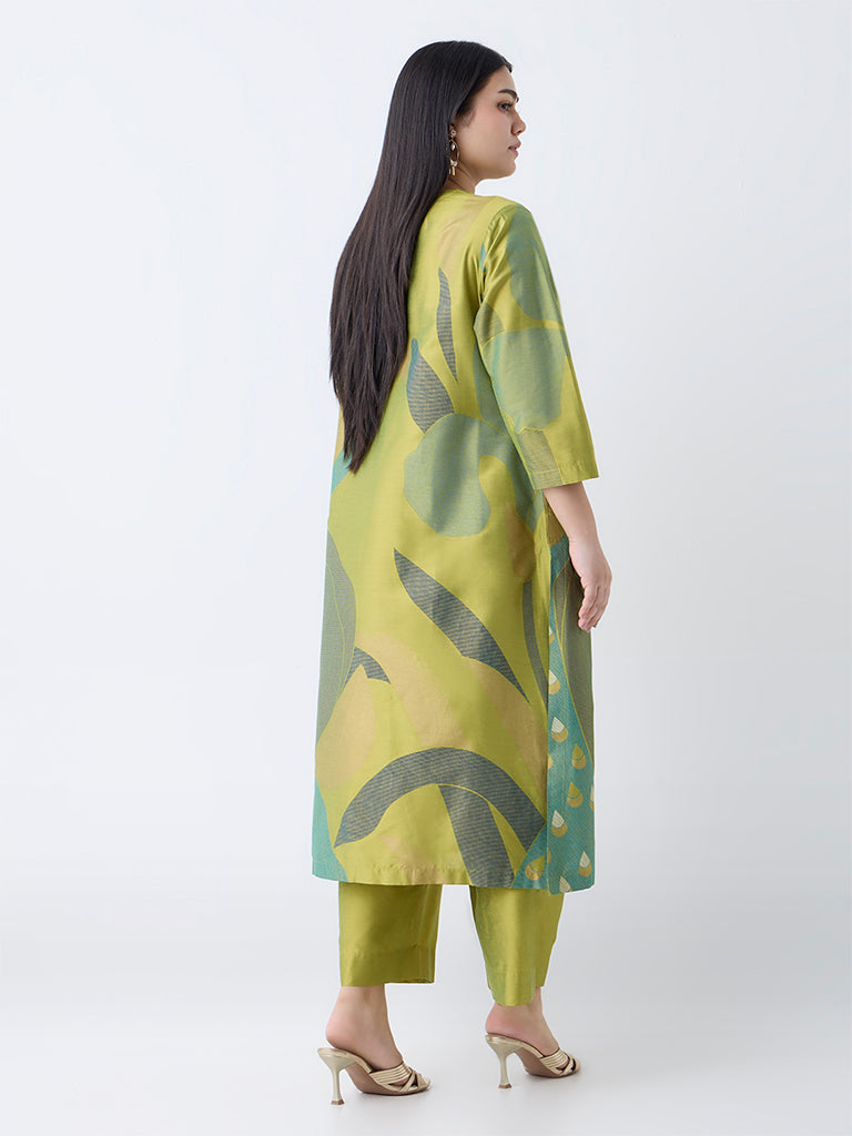 Westside Diza Women's Lime Botanical Design A-Line Kurta for Work Wear Front view
