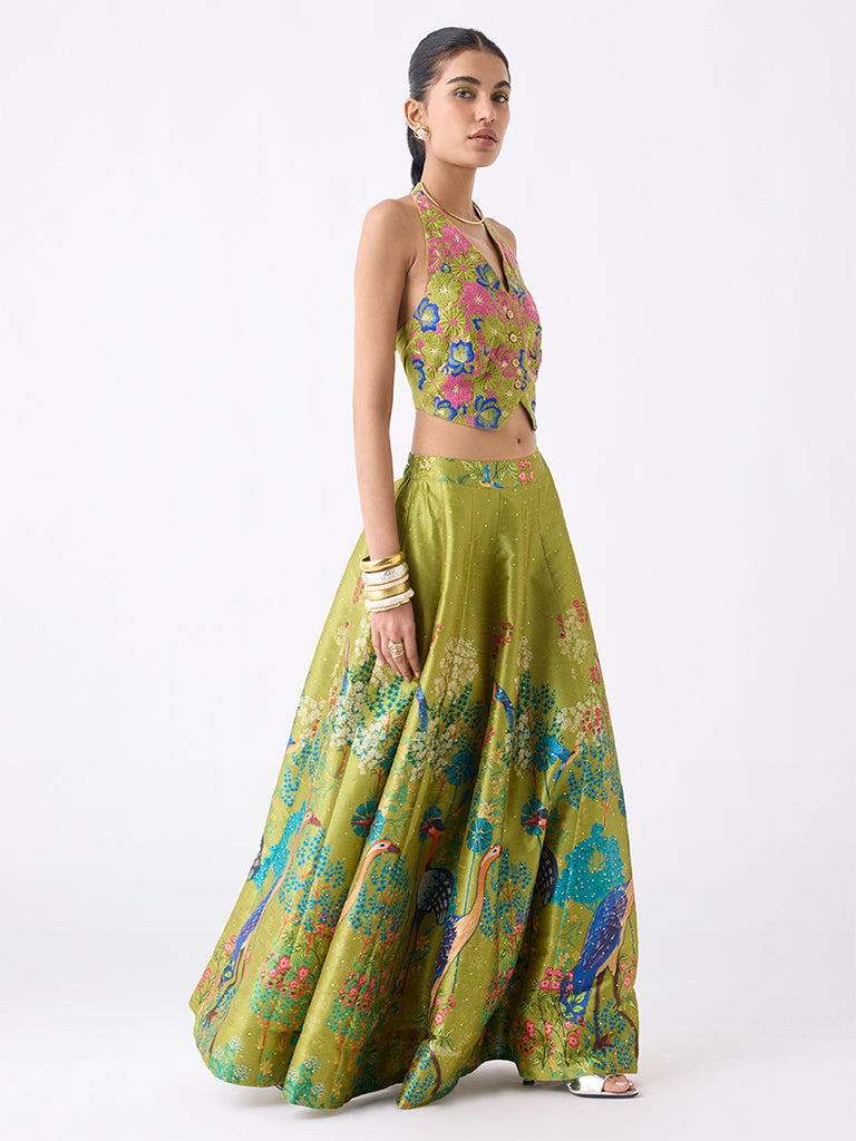 Vark Lime Floral Embroidered Waistcoat-Style Top