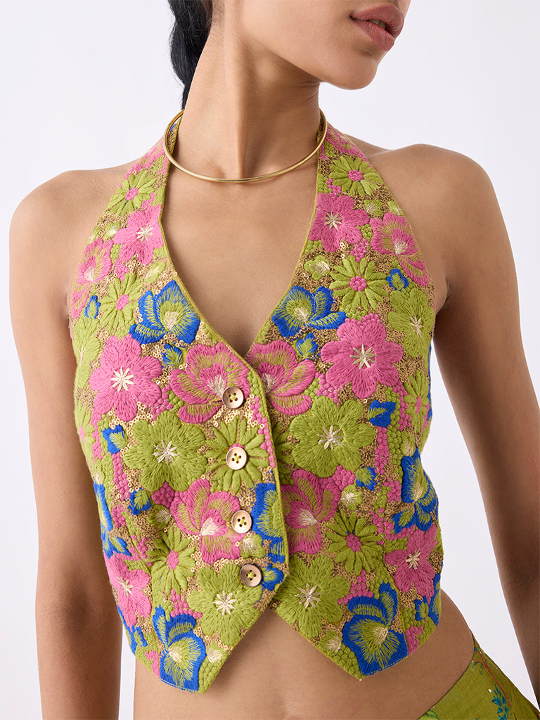 Vark Lime Floral Embroidered Waistcoat-Style Top