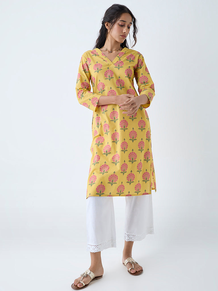 Westside Utsa Women's Yellow Floral Pattern Straight Cotton Kurta for Everyday Full View