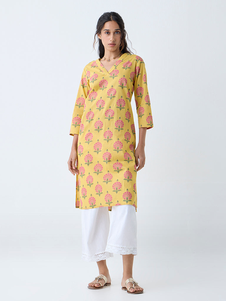 Westside Utsa Women's Yellow Floral Pattern Straight Cotton Kurta for Everyday Front View
