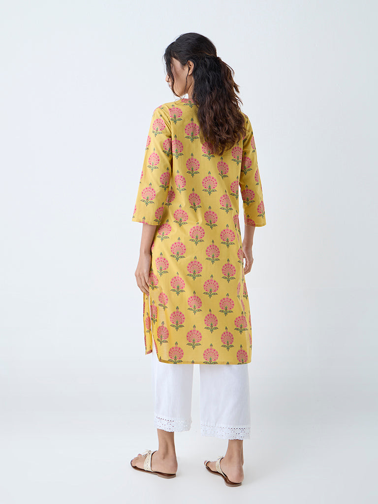 Westside Utsa Women's Yellow Floral Pattern Straight Cotton Kurta for Everyday Back View