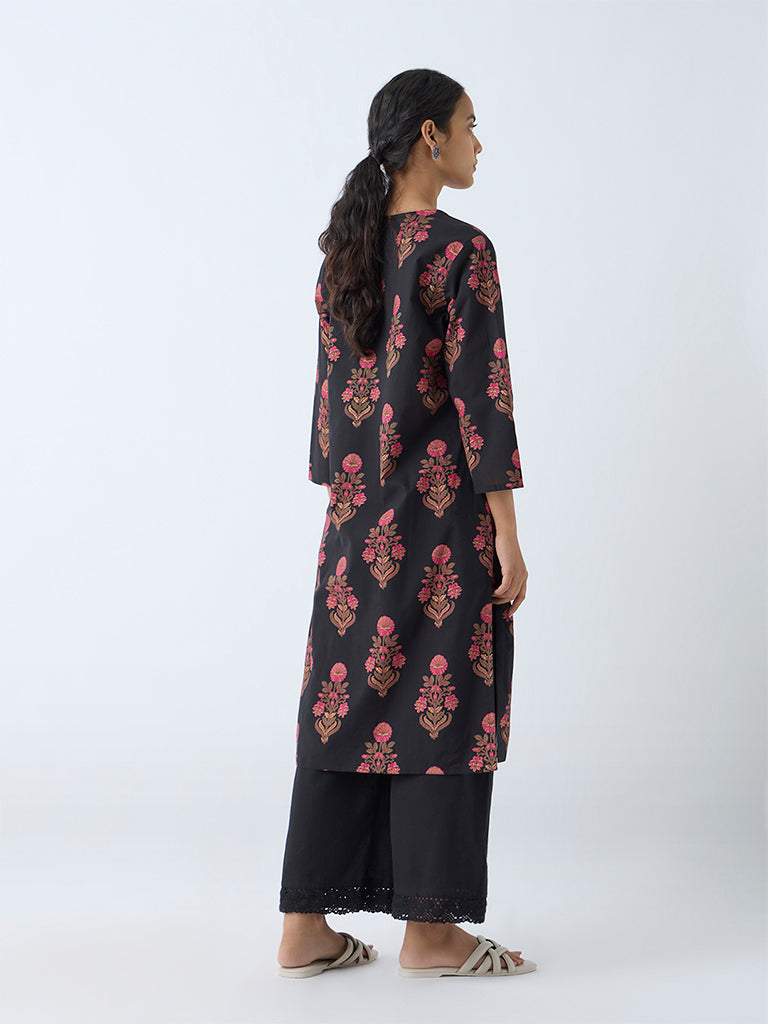 Westside Utsa Women's Black Floral Detailed Straight Cotton Kurta for Everyday Back View