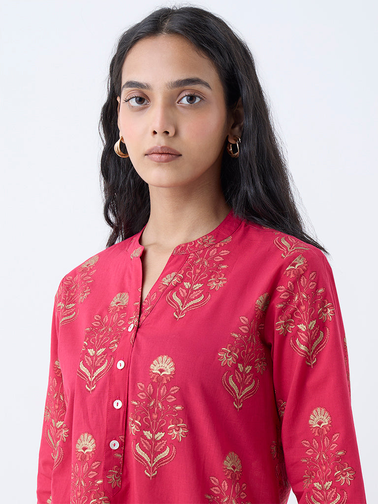 Utsa Coral Floral Design Straight Cotton Kurta