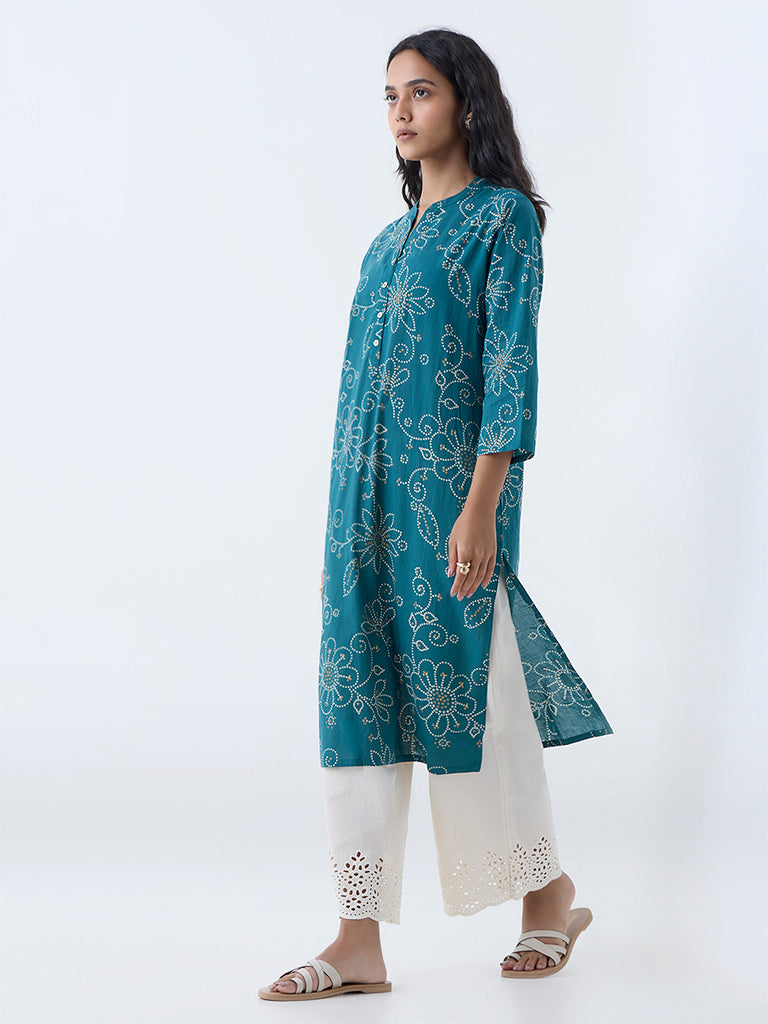Utsa Teal Bandhani Printed Straight Cotton Kurta