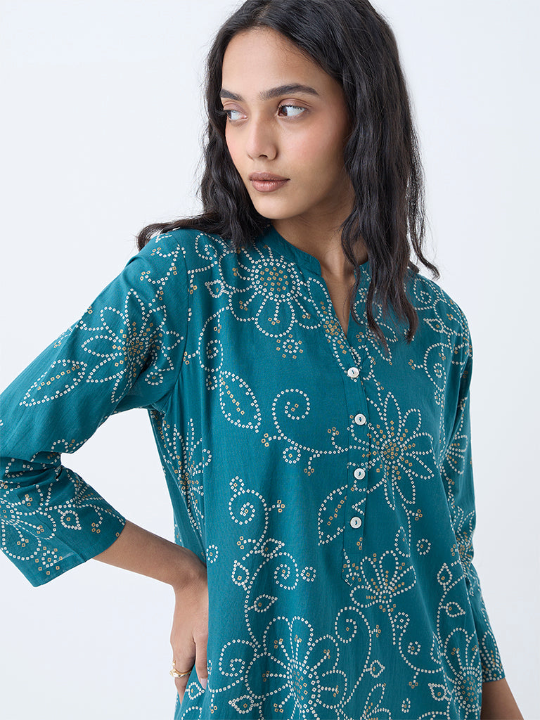 Utsa Teal Bandhani Printed Straight Cotton Kurta