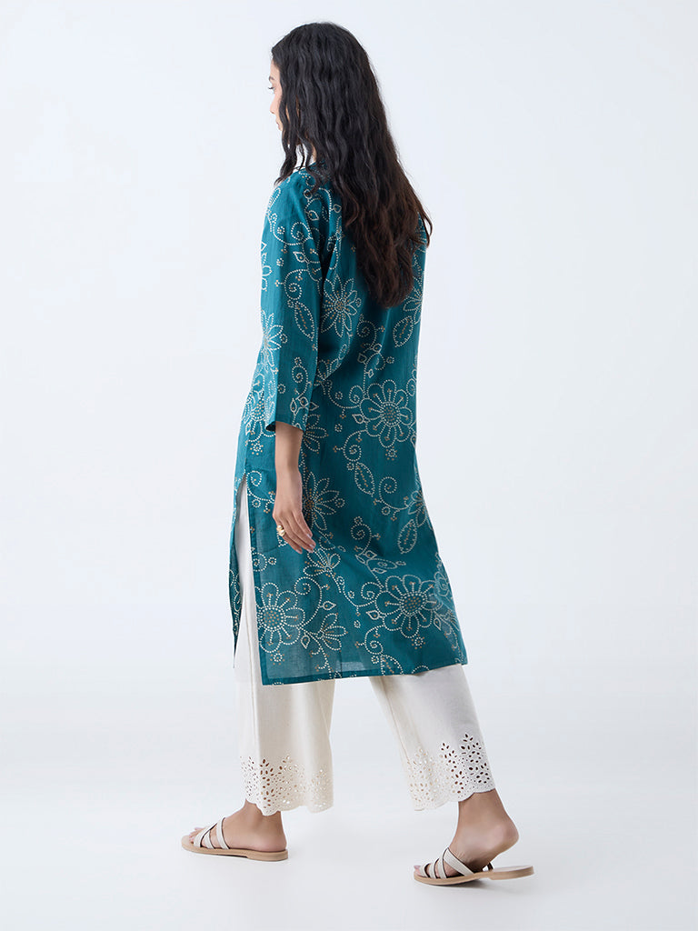 Utsa Teal Bandhani Printed Straight Cotton Kurta