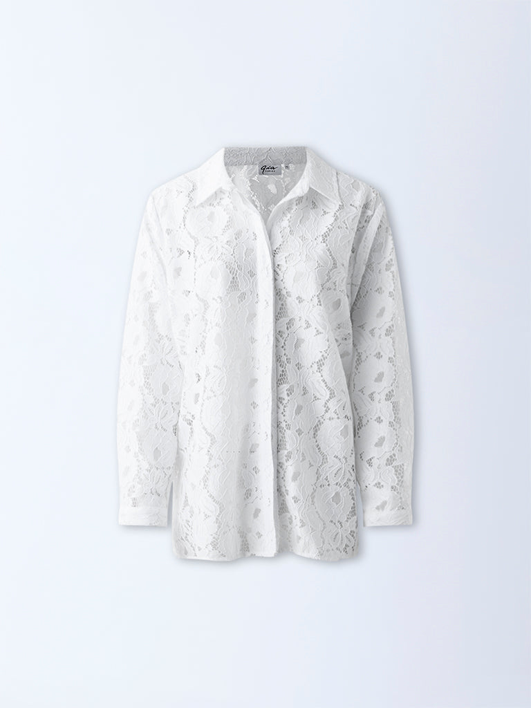Gia White Floral Lace Detailed Shirt