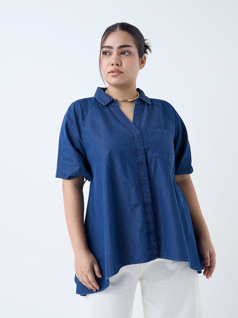 Westside Gia Women's Dark Blue Solid Denim Blouse for Casual Wear Full View
