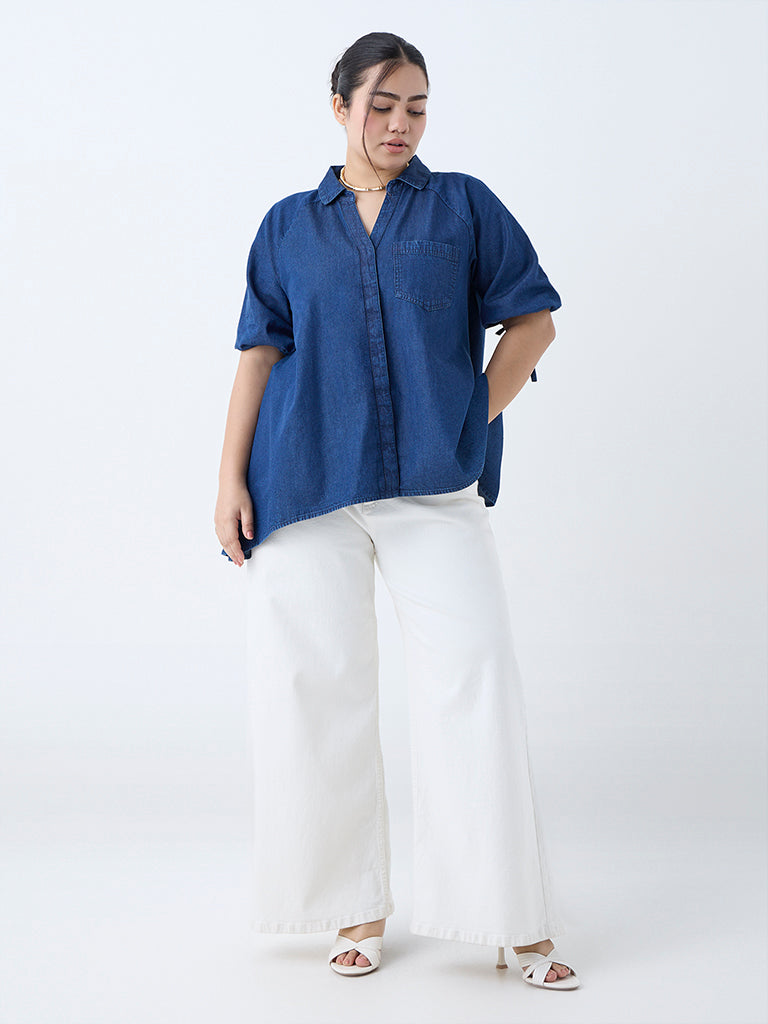 Westside Gia Women's Dark Blue Solid Denim Blouse for Casual Wear Front View