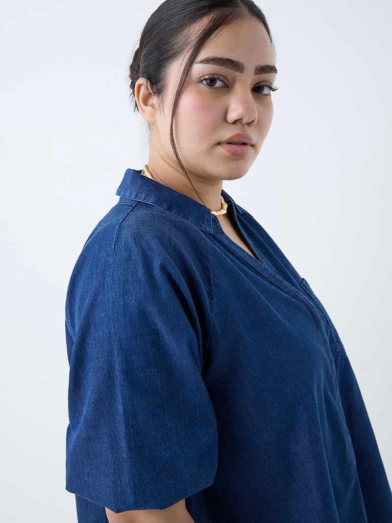 Westside Gia Women's Dark Blue Solid Denim Blouse for Casual Wear Zoomed View