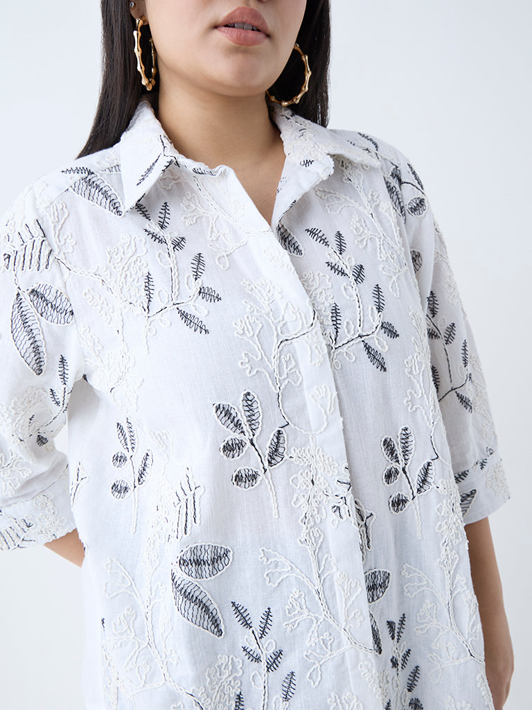 Gia White Floral Embroidered Cotton Shirt