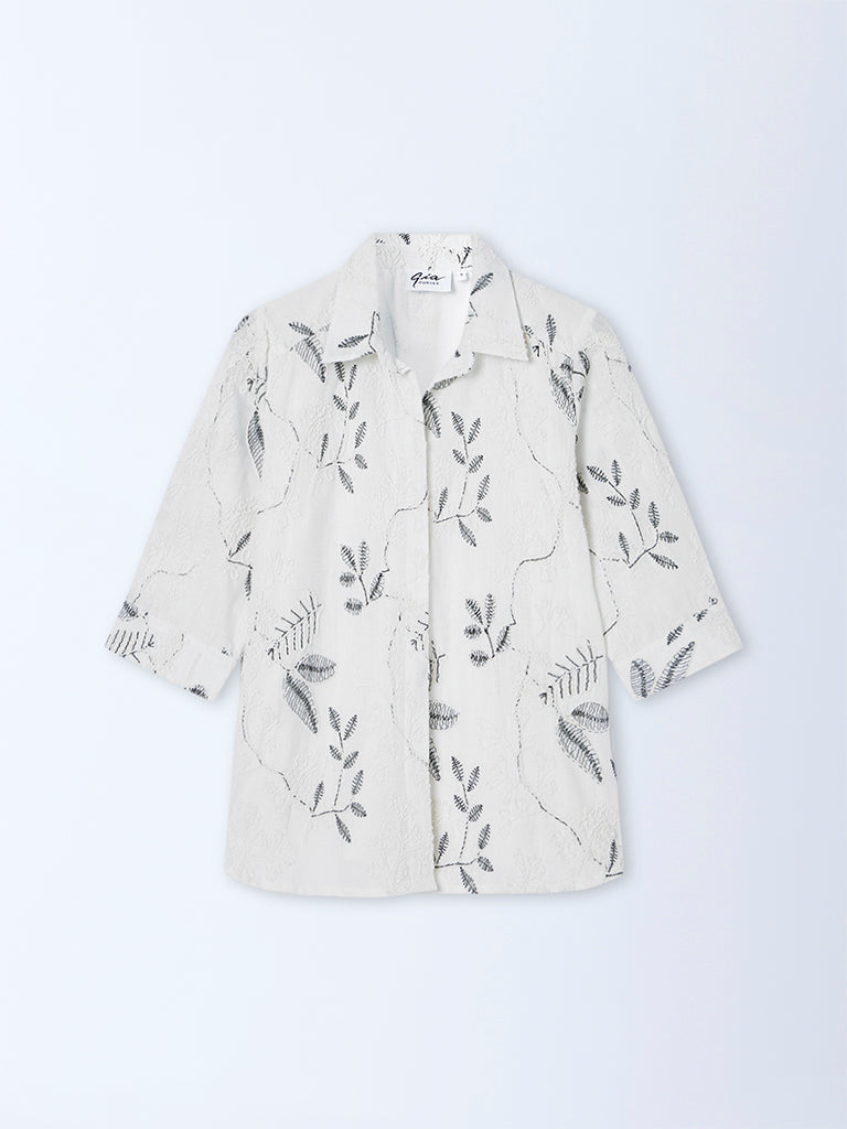 Gia White Floral Embroidered Cotton Shirt