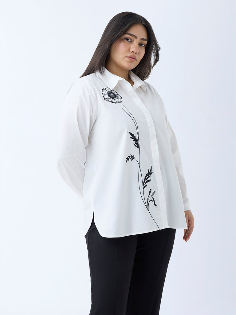 Gia White Floral Embroidered Cotton Shirt