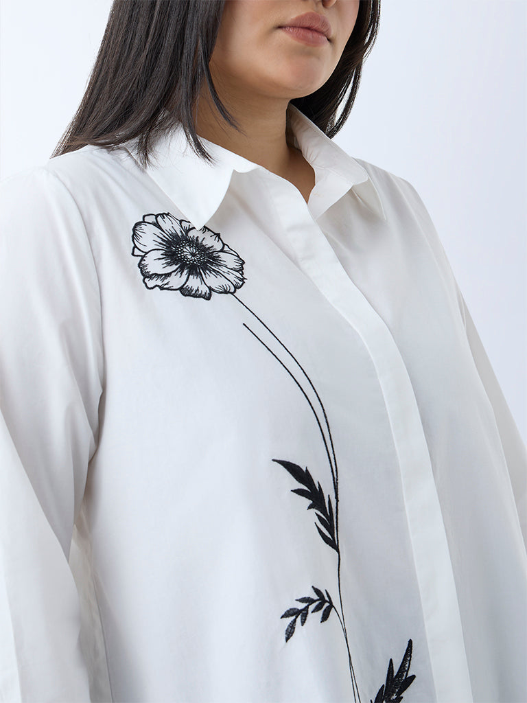 Gia White Floral Embroidered Cotton Shirt