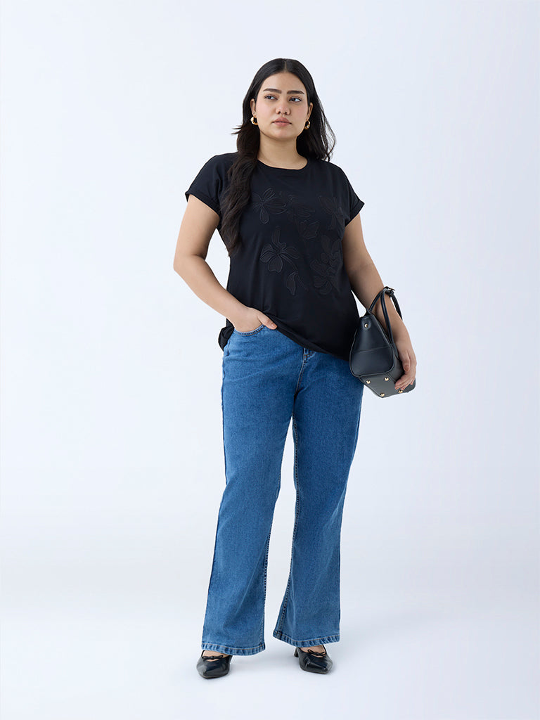 Gia Black Floral Embroidered Cotton T-Shirt