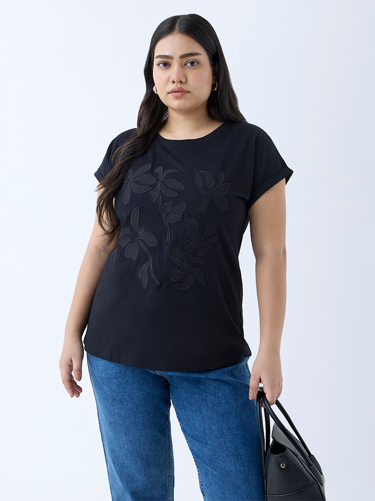 Gia Black Floral Embroidered Cotton T-Shirt