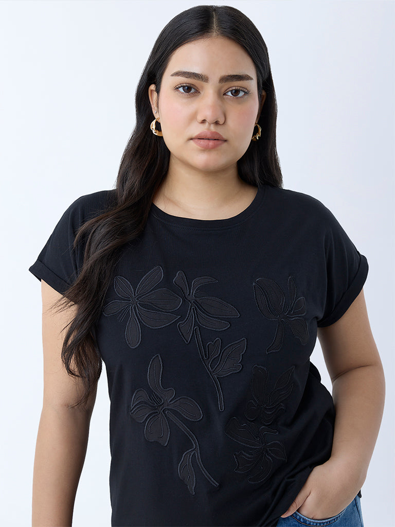 Gia Black Floral Embroidered Cotton T-Shirt