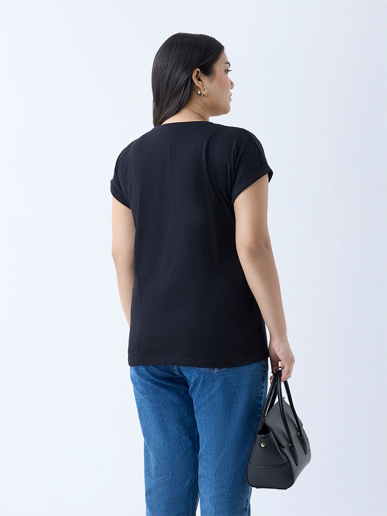 Gia Black Floral Embroidered Cotton T-Shirt