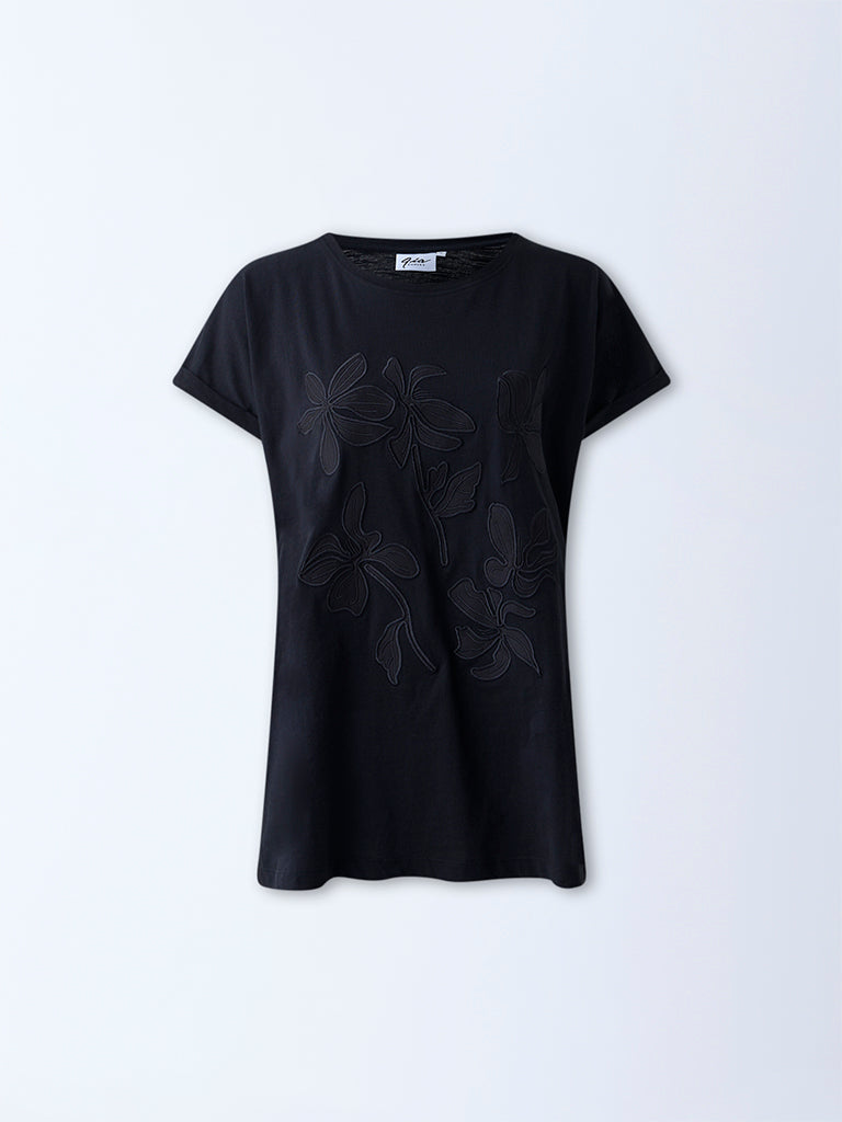 Gia Black Floral Embroidered Cotton T-Shirt