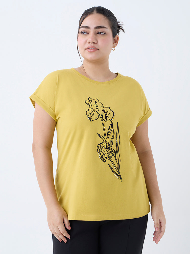 Gia Mustard Foliage Printed Cotton T-Shirt