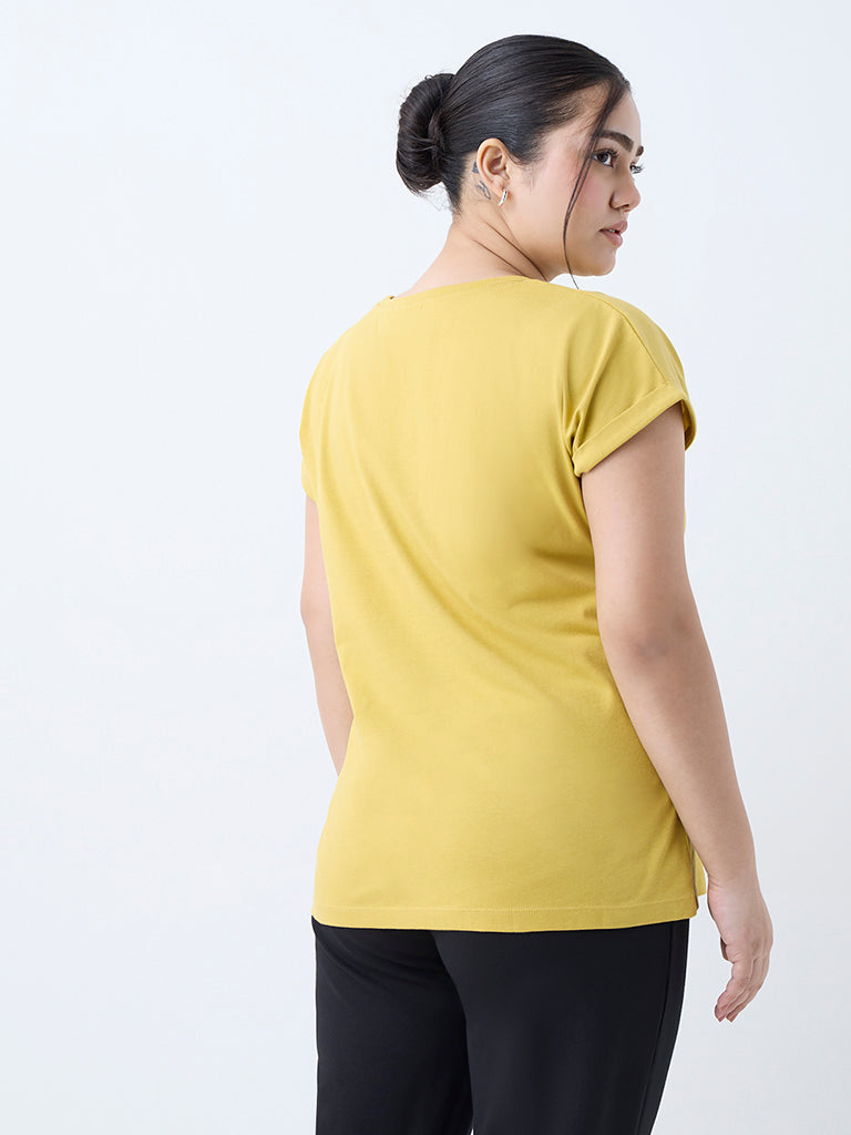 Gia Mustard Foliage Printed Cotton T-Shirt