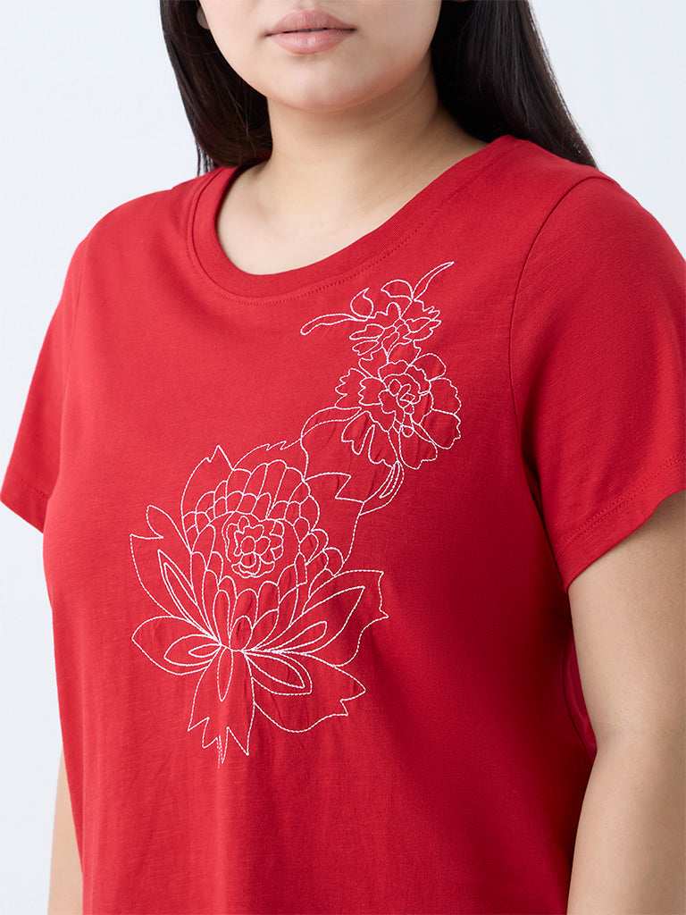 Gia Red Floral Embroidered Cotton T-Shirt