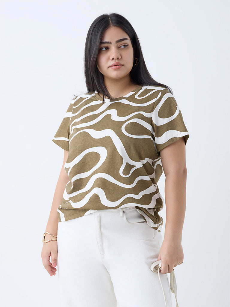 Gia Olive Abstract Design Cotton T-Shirt