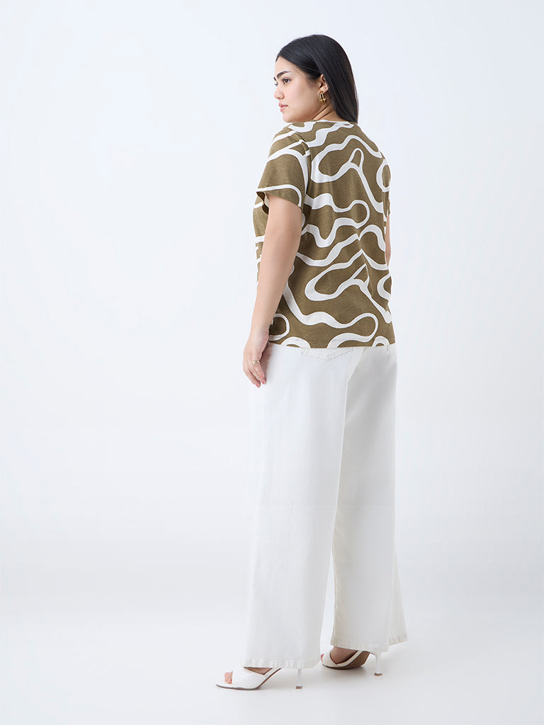 Gia Olive Abstract Design Cotton T-Shirt