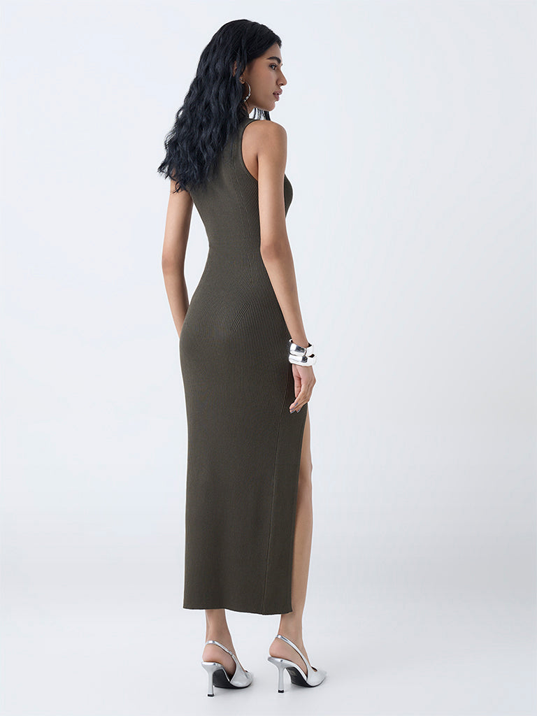 Nuon Olive Ribbed Bodycon Dress