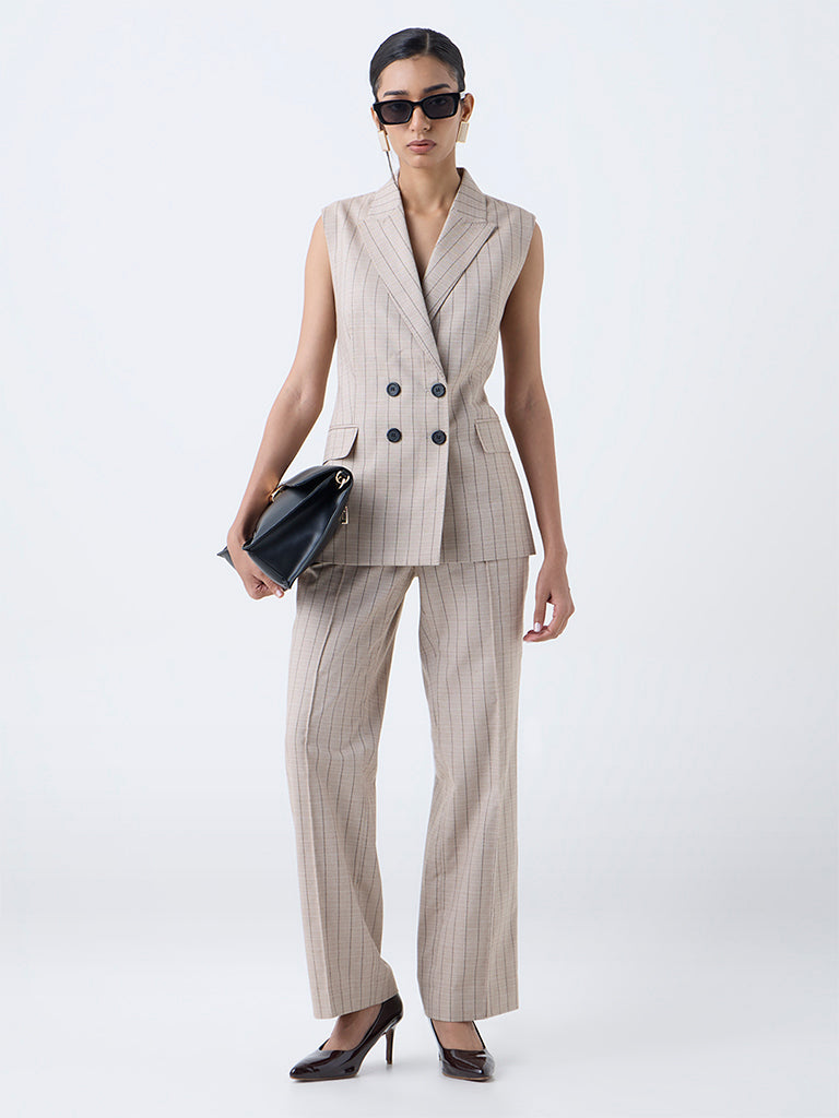 Wardrobe Beige Striped Sleeveless Blazer