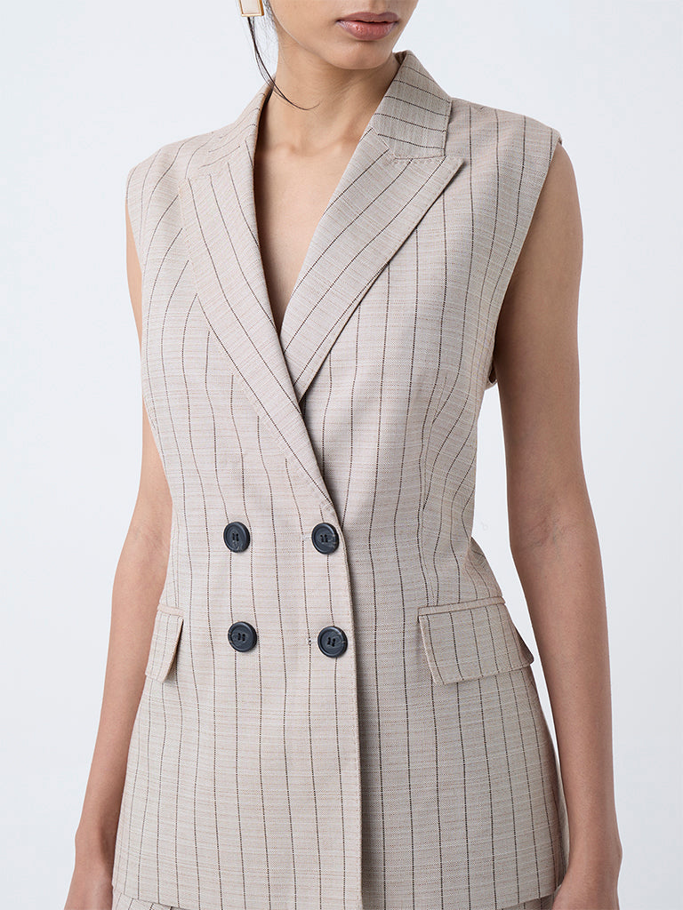 Wardrobe Beige Striped Sleeveless Blazer